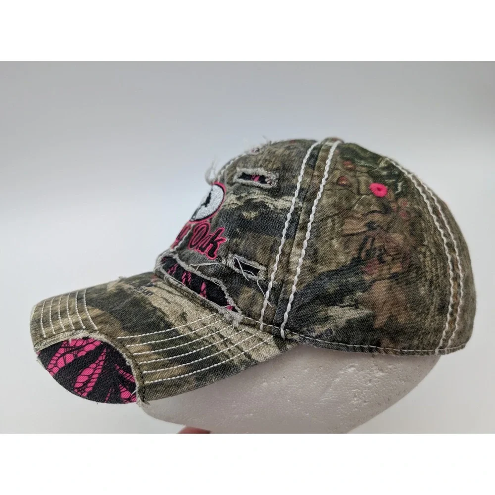 Mossy Oak Camo Distressed Baseball Cap Pink Embroidery Signatures Adjustable Hat